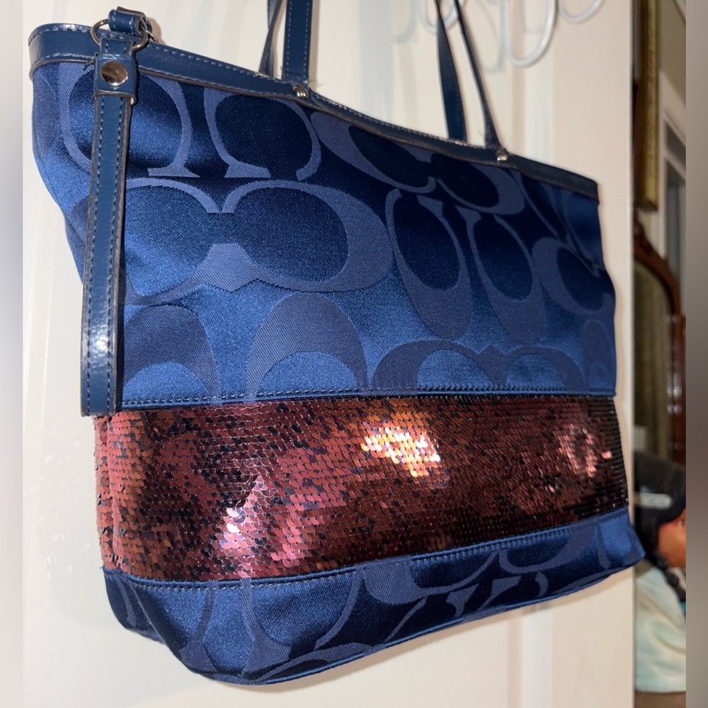 Coach Signature Stripe Sequin Tote Navy Blue Burgundy Patent Trim (F17574) - Picture 3 of 13